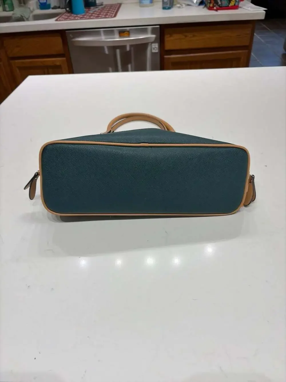Giani Bernini Saffiano Faux Leather Dome Satchel Handbag, Teal/Tan, 12.5